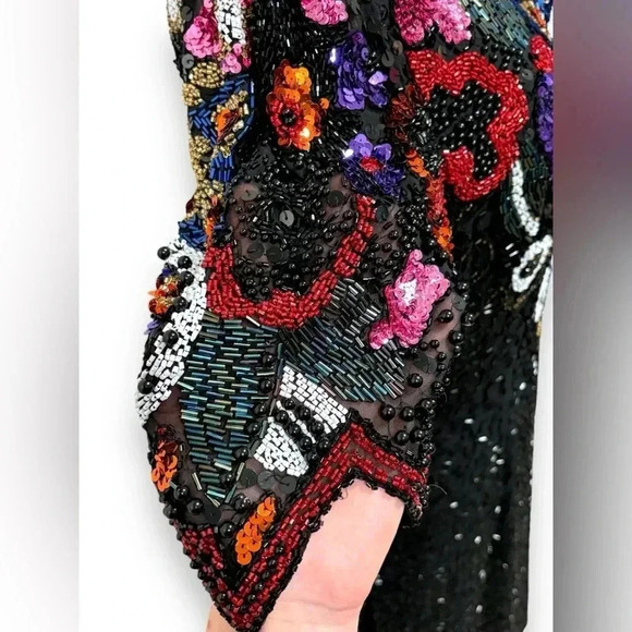 Vintage Retro 80's Silk Hand Beaded Sequin Black Niteline Evening Midi Dress 12 - Picture 6 of 13